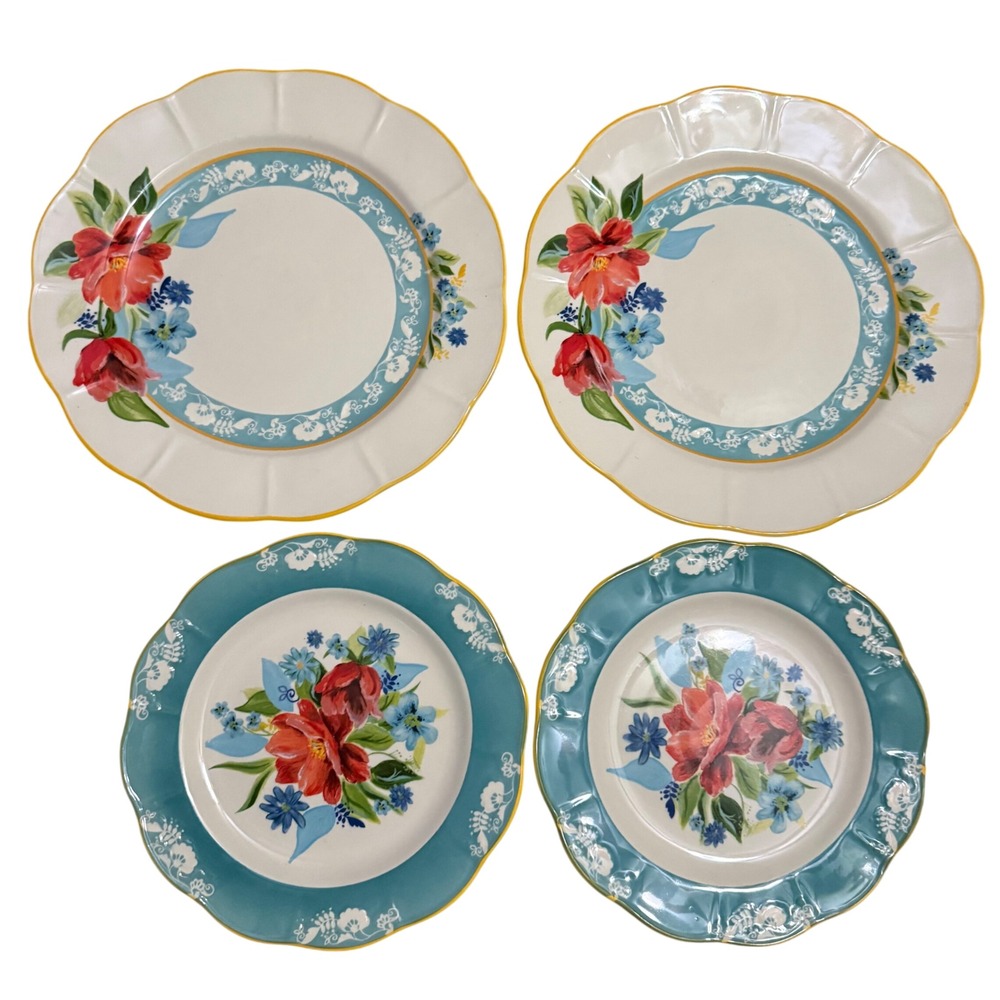 Pioneer Woman Spring Bouquet Scalloped Stoneware Plates Set of 4 Teal Red